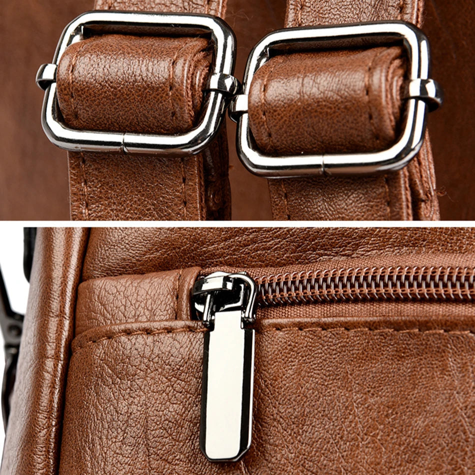 Close-up of brown vegan leather bag with silver buckle and zipper