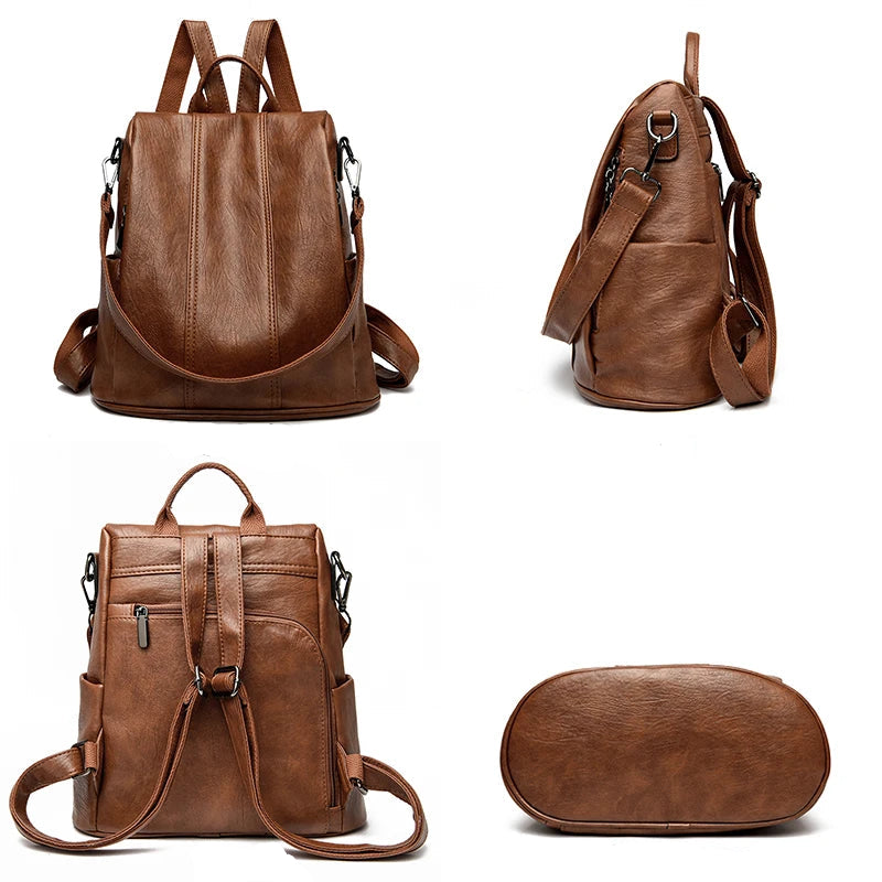 Brown vegan leather backpack shown from multiple angles on a white background