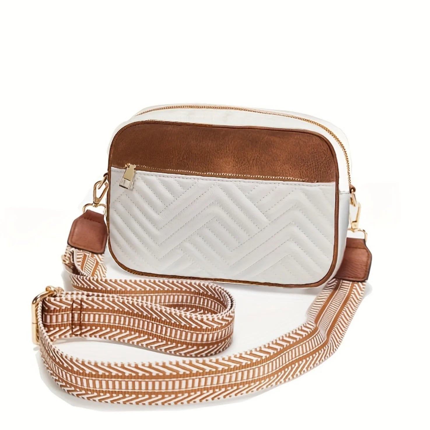 White crossbody bag with brown accents and a patterned strap on a white background