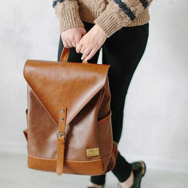 Brown vegan leather backpack Clearance